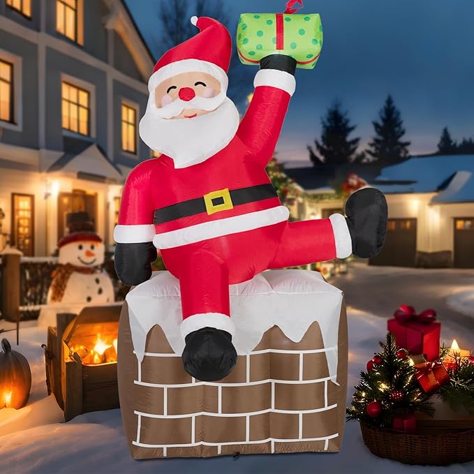 ININ 8FT Christmas Inflatables Santa Claus on The Chimney,Christmas Inflatables Decorations Outdoor/Indoor,Blow Up Santa Claus Yard Decorations Built-in LED Lights,for Yard/Lawn/Garden.