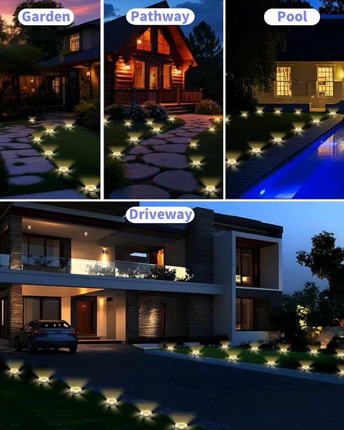Solar Ground Lights Outdoor 12 Pack Waterproof, Upgraded Solar Garden Lights with 4 Side Light, Stainless Steel Solar Powered Disc Landscape Light for Walkway Pathway Lawn Yard Patio Deck-Warm White