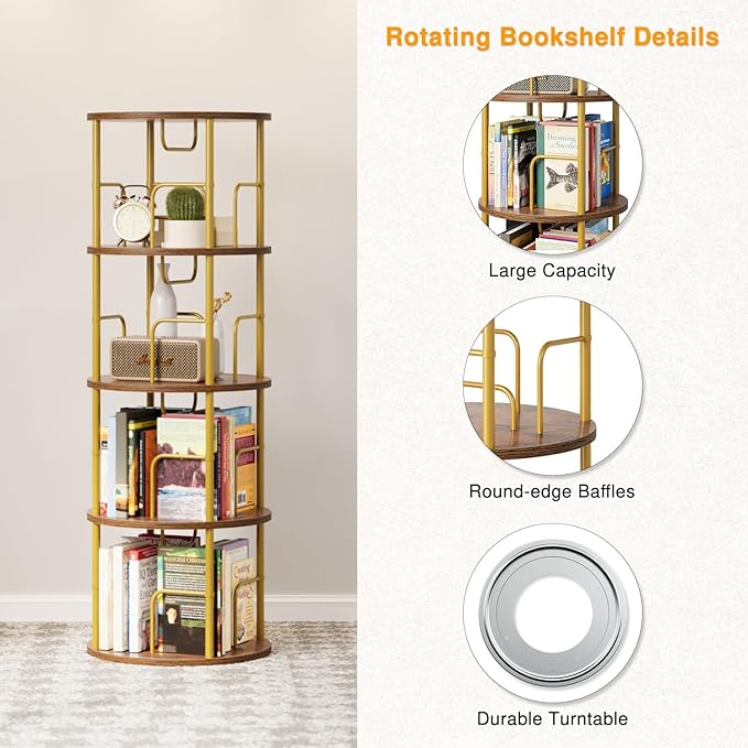 4 Tier Rotating Bookshelf, 360 Display Spinning Corner Bookshelf, Space Saving Metal Frame Bookcase for Living Room, Office, Bedroom, Gold