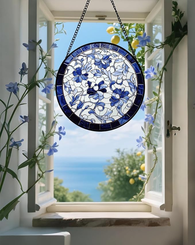 Stained Glass Window Hanging, Blue and White Abstract Flowers Sun Catcher for Door Home Decor Suncatcher Christmas Mother's Day Birthday Gifts for Women Men Mom and Nana 7.8 in