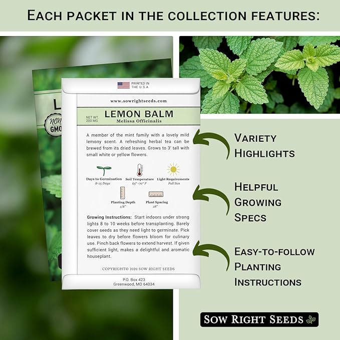 Sow Right Seeds - 15 Herb Garden Seed Collection for Planting - Essential Herbs for Cooking - Non-GMO Heirloom Packet Instructions to Grow Kitchen Garden Indoors or Outdoors - Great for Hydroponics