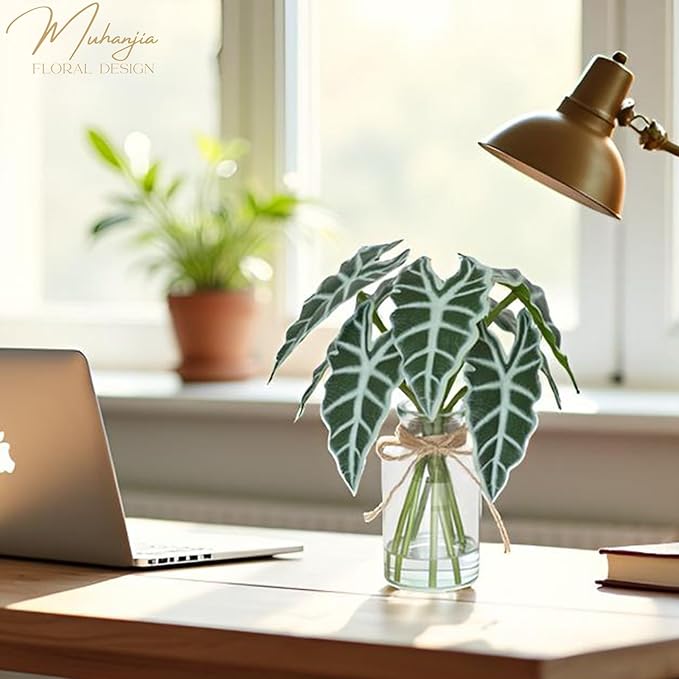 Artificial Flowers Turtle-Back, Alocasia Leaf, in Glass Vase with Faux Water,7Pcs Artificial Leaves Real Touch Latex Leaves for Centerpiece (2, Alocasia Leaf)