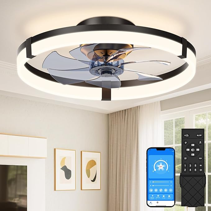 VOLISUN Low Profile Ceiling Fans with Lights and Remote, 20in Flush Mount Ceiling Fans with Light, 3000K-6500K Dimmable Fandelier Ceiling Fan, Black Bladeless Ceiling Fan for Bedroom