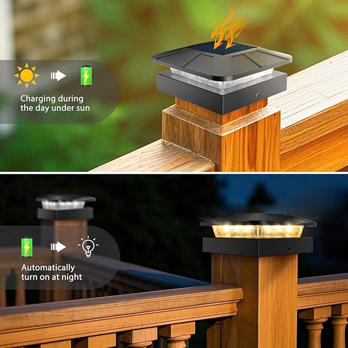 Peasur 4x4 Solar Post Cap Lights Outdoor with 3 Modes, 4 Packs LED Post Light Solar Powered Waterproof, 4x4/3.5×3.5 Wood/Vinyl Fence Posts Lights for Deck Railing Porch Mailbox Outside