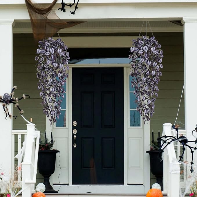 BLEUM CADE Fake Hanging Plants, 2pcs Artificial Hanging Plant, Faux Deep Purple Vines Hanging Plant for Wall Home Living Room Indoor Outdoor Halloween Decor (No Baskets)
