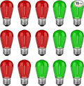Red Green S14 Christmas Light Bulbs, 1 Watt Plastic Shatterproof LED Replacement Bulbs for Indoor Outdoor Patio String Light, E26 Medium Base, 15 Pack