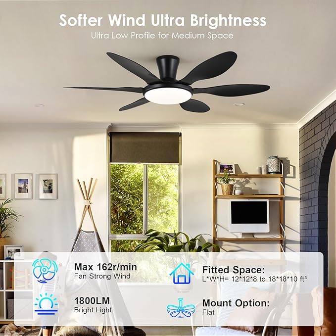 Ceiling Fans with Lights, 51 inch Modern Black Low Profile Ceiling Fan with Light and Remote App Control, Flush Mount, Quiet DC Reversible, Dim Led Ceiling Fan 6 Blade Softer Wind Indoor/Outdoor Patio