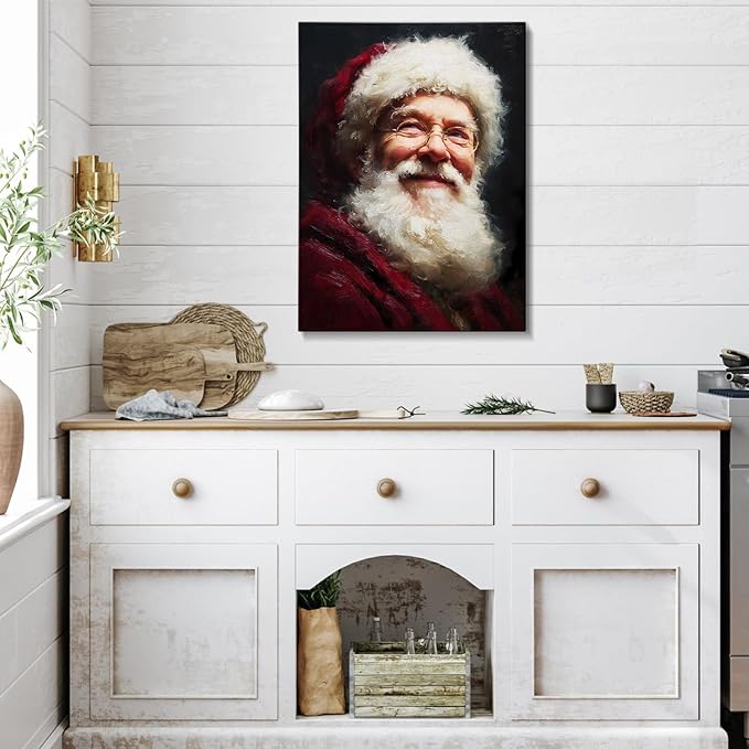 Vintage Santa Claus Portrait Christmas Canvas Wall Art - Victorian Style Framed Canvas Prints for Living Room & Bedroom, Classic Christmas Wall Decor, Christmas Gifts & Winter Decor