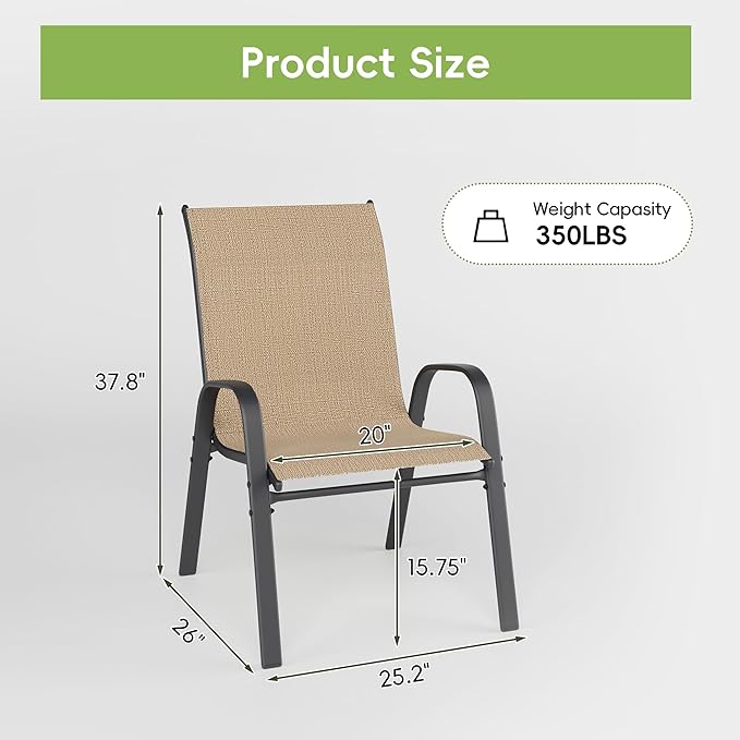 Patio Chairs Set of 6, Outdoor Dining Chairs Stackable for All Weather, Breathable Metal Modern Outside Furniture Chair for Pool Side, Garden, Backyard Deck, Brown