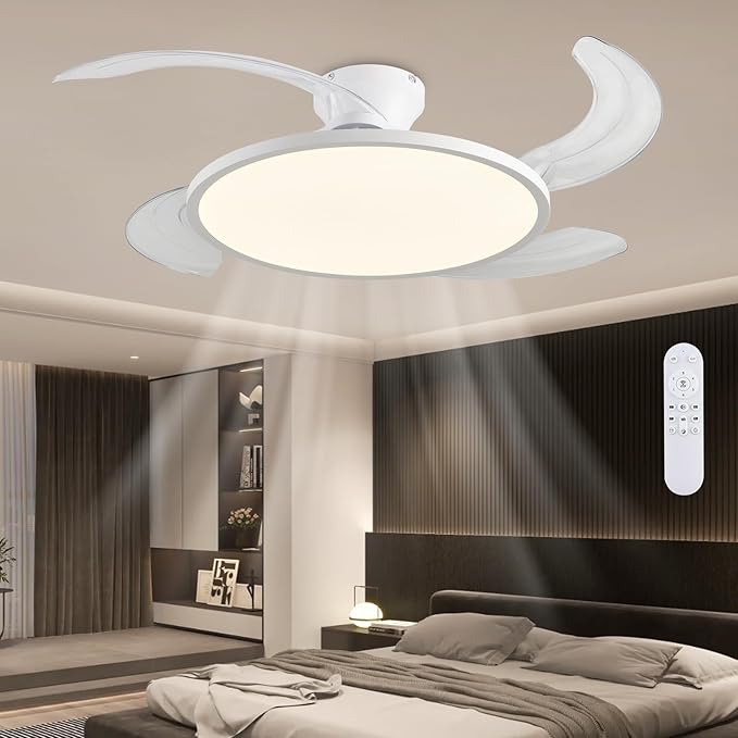 AHAWILL Retractable Ceiling Fan with Lights,42 Inch Low Profile Ceiling Fan with Remote Control,Retractable Blades,Dimmable Full Spectrum,Modern Fandelier for Bedroom Living Room Dinning Room,White