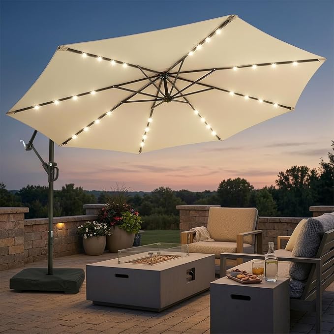 wikiwiki 10ft Solar LED Patio Umbrella with Base Included, Offset Umbrella with Weighted Sandbag Base, Cantilever Patio Umbrellas for Backyard, Garden & Deck, 32 LED Lights & Polyester Shade, Beige