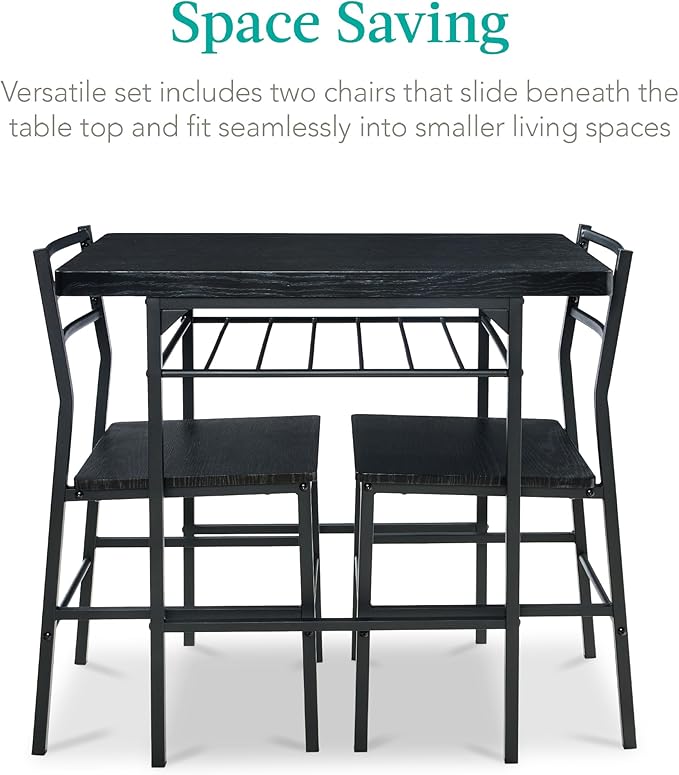 Best Choice Products 3-Piece Modern Dining Set, Space Saving Dinette for Kitchen, Dining Room, Small Space w/Steel Frame, Built-in Storage Rack - Black/Black