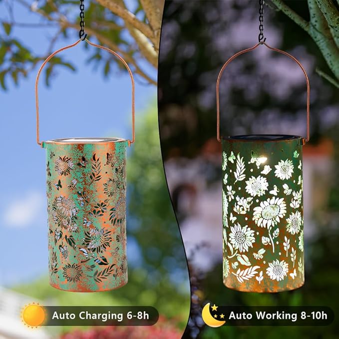 Solar Lanterns Outdoor Waterproof,Hanging Solar Lights for Garden Decor Outside,Sunflower Gifts for Women,Metal Lanterns Decorative Outdoor for Yard,Patio,Backyard,Porch-2 Pack