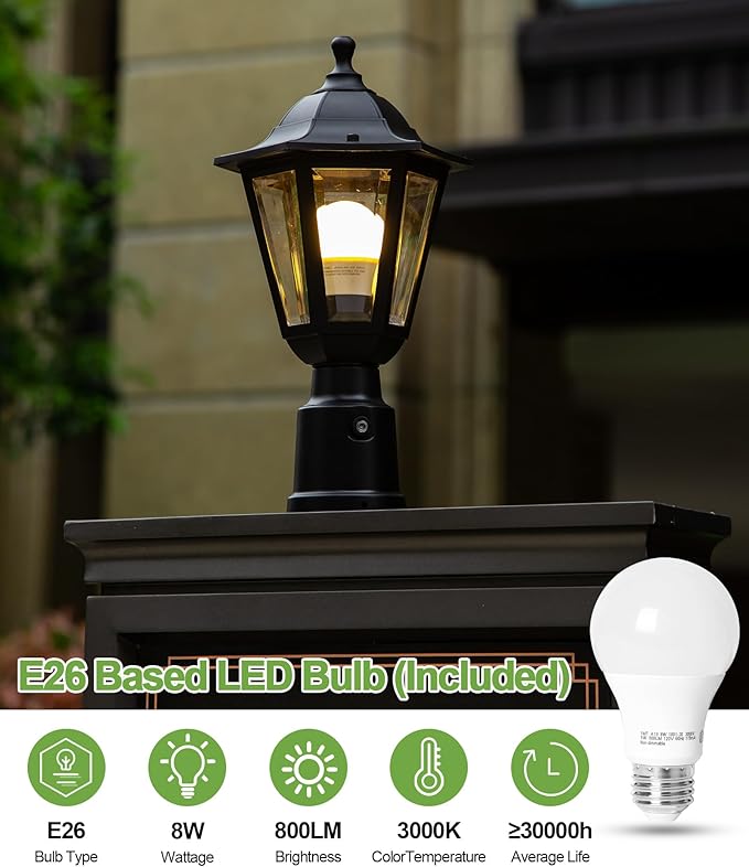FUDESY Dusk to Dawn Sensor Outdoor Post Light, Waterproof Pole Lantern with Pier Mount Base, Exterior Plastic Lamp Light Fixture, for Garden, Patio, Pathway, Black, Bulb Included