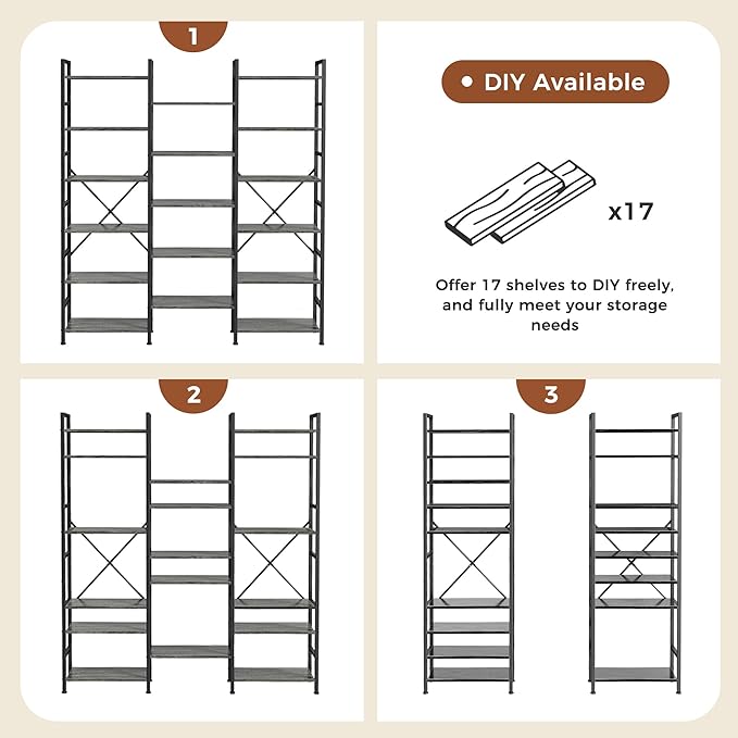 SUPERJARE Triple 6 Tier Bookshelf, Bookcase with 17 Open Display Shelves, Wide Book Shelf Book Case for Home & Office, Grey