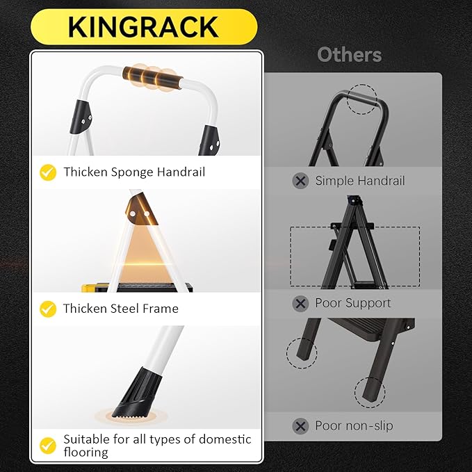 KINGRACK 2 Step Folding Ladder, 800lbs Capacity Step Stool with Safety Lock, Non-Skid Wide Pedals, and Handrail, Lightweight, Household Ladder for Home, Kitchen, Pantry, Closets, and Office Use, White
