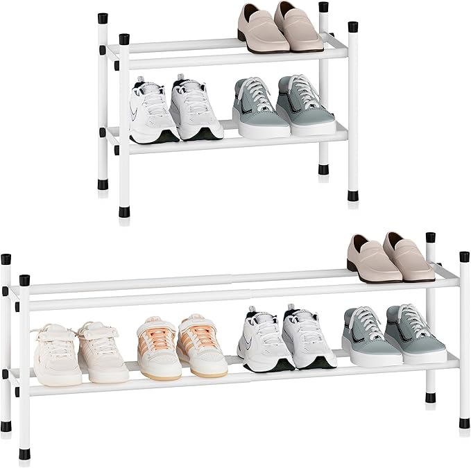 STORAGE MANIAC Expandable Shoe Rack, 8 Pairs Stackable Small Shoe Rack, Metal Adjustable Shoes Organizer for Closet, Entryway, Hallway, Garage, Front Door, Shoes Shelves, White 2 Tier