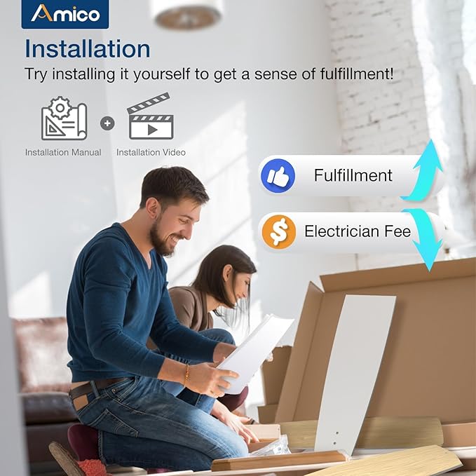 Amico Ceiling Fans with Lights, 52 Inch Ceiling Fan with Light and Remote Control, White Fan, Reversible, 3CCT, Dimmable, Noiseless, Ceiling Fan for Bedroom, Indoor/Outdoor Use