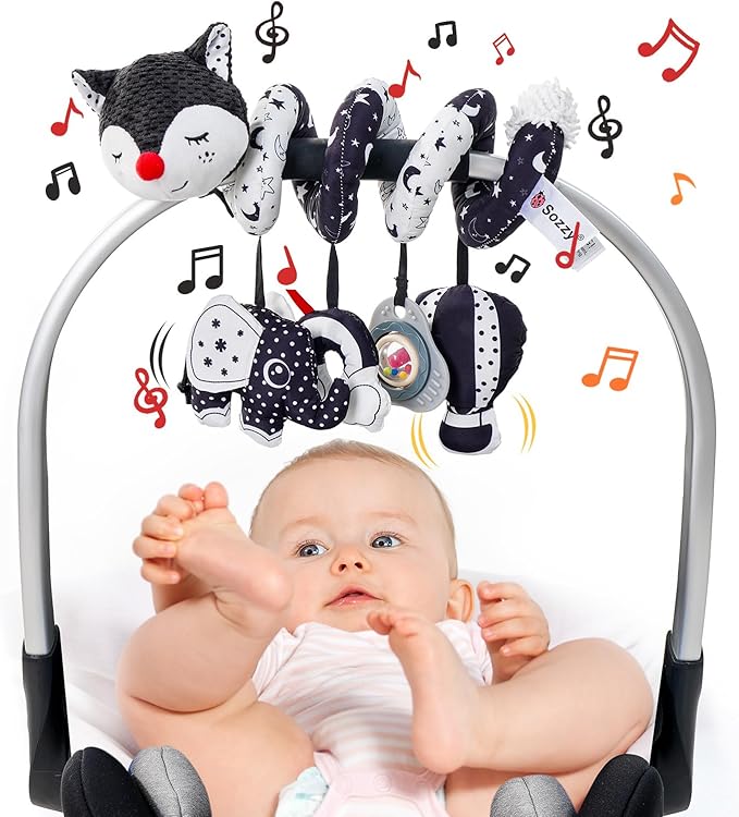 Jollybaby Crib Stroller Car Seat Toys for Baby 0-3-6-9-12 Months, Tummy Time Hanging Sensory Toys for Newborn with Music Box and Teether, Spiral Carseat Toy for Infant Boy Girl Gift (Black and White)