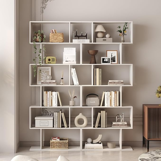 Yusong S Shaped Bookshelf, Modern Geometric Bookcase, 6-Tier White Display Case Book Shelf