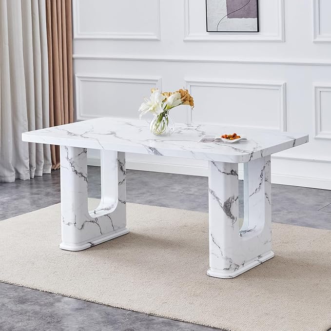 Dining Room Table for 6 - White Faux Marble Dining Table with 1.7-Inch Thick Seamless Tabletop and Dual Pedestal Base,64.5'' Mid Century Modern Dining Table Ideal for Kitchen,Home Office