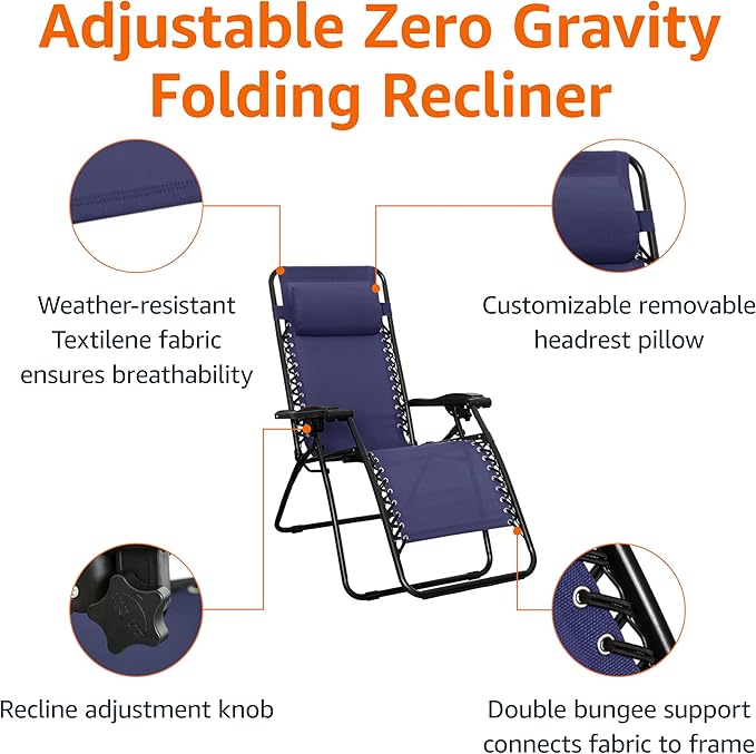 Amazon Basics Outdoor Patio Zero Gravity Lounge Chair with Pillow, Folding Reclining and Textilene Adjustable, Folding Lounge Lawn Chairs for Outside, 26", Blue