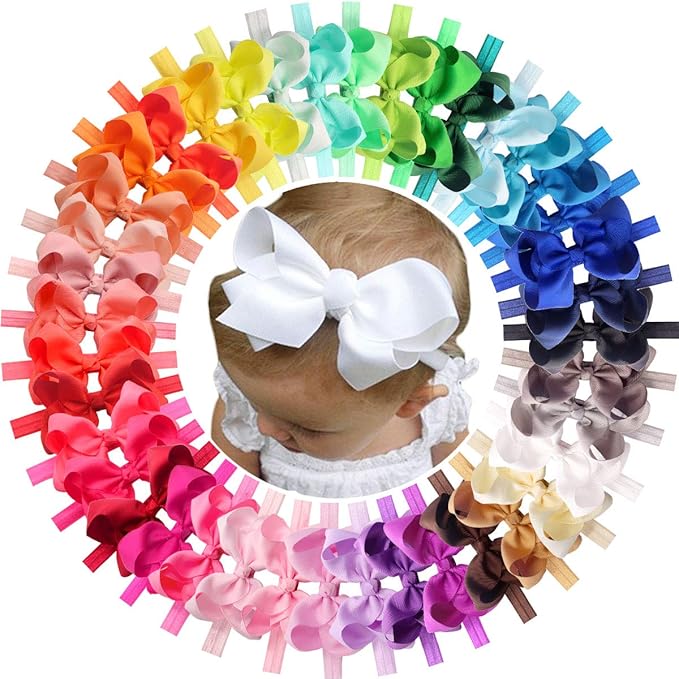 CÉLLOT Baby Girls Headbands Grosgrain Ribbon 4.5" Hair Bows Headband Big Bow Hair Bands for Toddler Pack of 40
