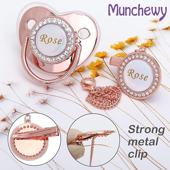 Custom Pacifier with Name, Bling Personalized Pacifier Set with Gift Box, Glitter Crystal Luxurious Soother Dummy Ideal Gift for Boys Baby Shower(Pink)