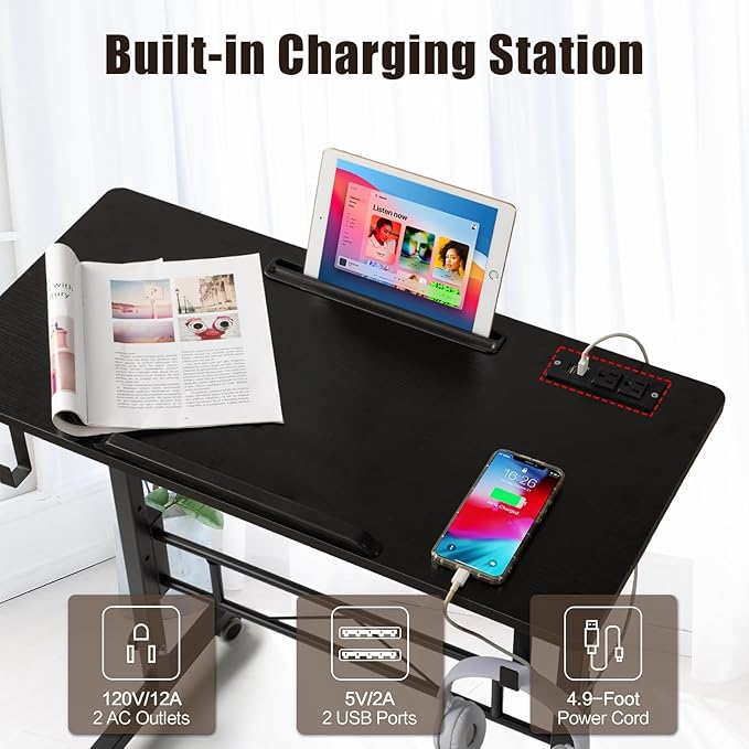 SIDUCAL Standing Desk Height Adjustable with Tiltable Tabletop, Rolling Laptop Desk with Charging Station, Sit Stand Portable Stand Up Desk with Wheels, Black