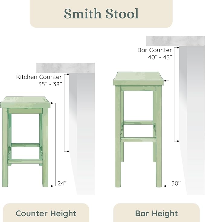 Grain & Grove Smith Collection Set of 2 Solid Wood Counter Height Bar Stools, 24-Inch Saddle Seat Backless Stools, Ideal for Kitchen Island, Dining, or Home Bar Seating, Pecan