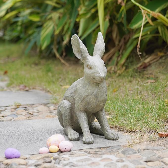DiliComing Grey Resin Rabbit Garden Statue - 12 Inch Large Garden Statues for Home Yard Decor Garden Statues for Outside Balcony Bunny Decor for Garden Gifts