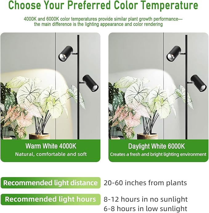 60W Full Spectrum Grow Light, Dimmable COB LED Dual-Head Floor Plant Lamp with High PPFD&CRI, 6/8/12H Timer, Adjustable Height (37"-77") & Angle – Standing Grow Lights for Indoor Plants