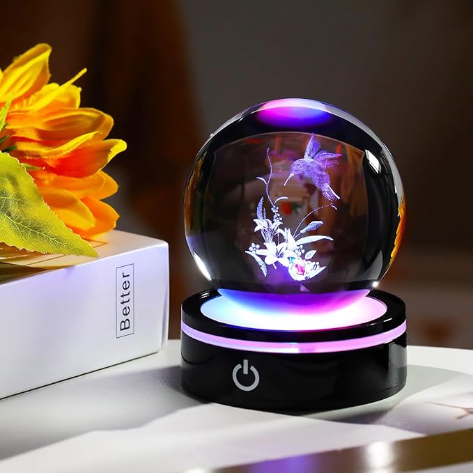 YWHL 3D Hummingbird Figurine Crystal Ball with Light Base, Hummingbird Gifts for Women Men on Christmas Birthday, 3D Laser Engraved Hummingbird Ornament Glass Decorative Ball for Home Office (80mm)
