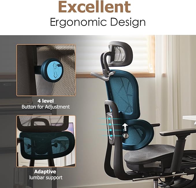 Ergonomic Mesh Office & Gaming Chair with Footrest, High Back Home Office Desk Chair, Comfortable Lumbar Support, 130° Tilt, Adjustable 3D Armrest & 2D Headrest (Black)