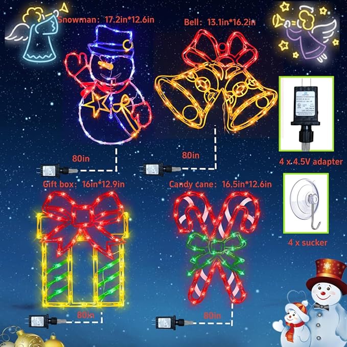 Christmas Decorations - 16" Christmas Window Silhouette Lights - 4 Pack Colour Lighted Gift Box ＆ Snowman ＆ Candy Cane ＆ Bell for Holiday Indoor and Outdoor Wall Door Window Decorate