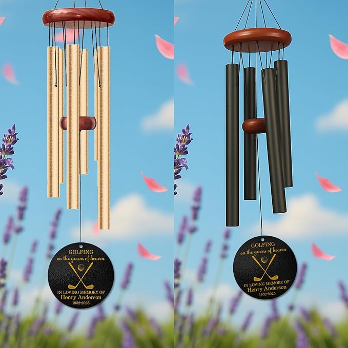 Personalized Golf Memorial Wind Chime – “Golfing on The Greens of Heaven” Custom Name & Years – Sympathy Gift for Golfers, Dad, or Grandpa – Outdoor Remembrance Windchime for Loss of Loved One