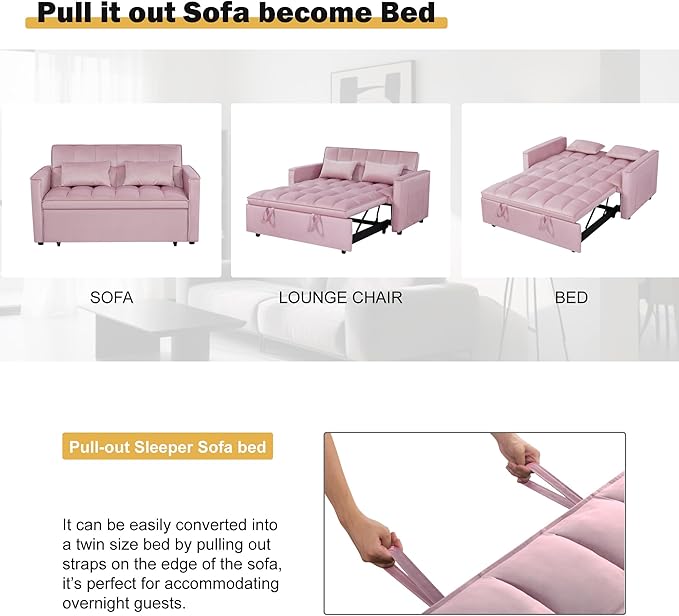 3 in1 Sofa Bed, Pull-Out Sleeper Sofa Bed with 3-Level Adjustable Backrest, Velvet Fabric Convertible Love Seat Sleepers Beds for Living Room & Bedroom & Apartment, Pink