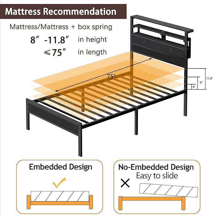 Furnulem Twin Bed Frames with Charging Station and LED Lights, Wood Headboard with 2 Fabric Drawers and Storage Shelves, Twin Size Platform Bed with Metal Slats, No Box Spring Needed, Black Oak