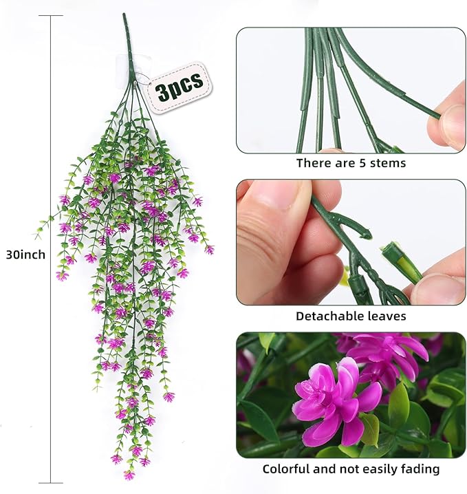 RECUTMS Artificial Fake Hanging Eucalyptus Plants Vine Hanging Plant Outdoor UV Resistant Plastic Plants Artificial Greenery for Bedroom Wall Decor Wedding Party Room Aesthetic Stuff(Fuchsia)