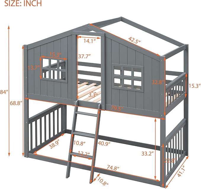 Ball & Cast Twin Over Twin Size House Bunk with Ladder and Window,Wood Bunkbed w/Full-Length Guard Rail & Ladder,Slat Support,Space Saving,Bedroom Furniture for Student Dorms,Gray