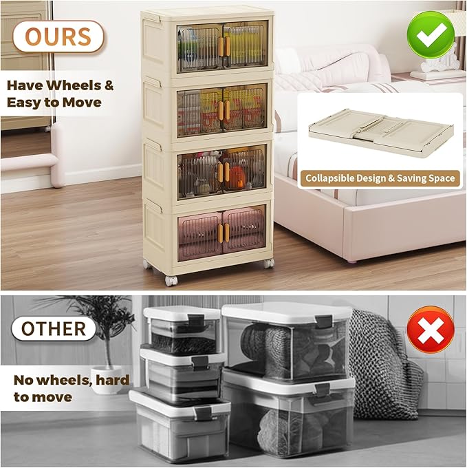 4 Tier Stackable Plastic Storage Bins with Lids 58QT, Collapsible Closet Organizers and Storage with Wheels for Living Room,Office,Dorm