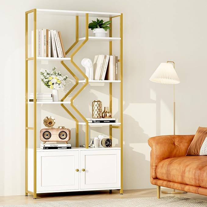 Keyluv 76" Tall Gold Bookshelf with Cabinet Storage, Multifunctional Open Display Bookcase with Door, Large Book Shelf Organizer for Living Room, Home, Office, Heavy Duty Metal & Wood, Modern White