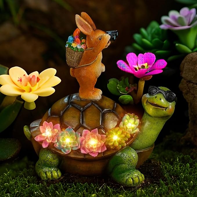 Solar Turtle Garden Statue with Bunny and LED Succulent Flowers – Outdoor Lawn Decor with Lights, Cute Animal Yard Ornament for Patio, Pathway, or Garden Gift (Turtle)