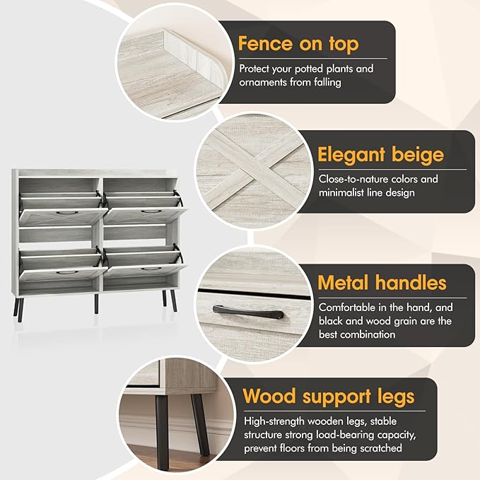 Maupvit Large Shoe Storage Cabinet with 4 Flip Drawers, Narrow Shoe Cabinet for Entryway with Wooden Legs, Freestanding Hidden Shoe Rack Organizer ＆ Metal Hinges, Beige