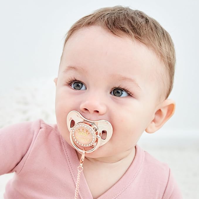 Personalized Name Bling Rose Gold Pacifier and Clip Set Ideal Gift for Baby Shower New Born Photoshoot & Keepsake (Gray)