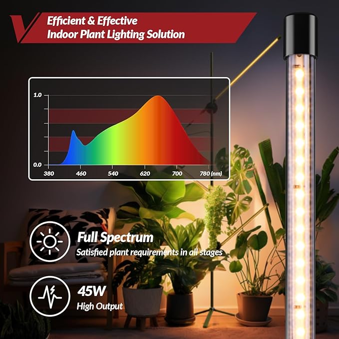 Grow Light with Stand for Indoor Plants, 3 Head 45W 168 LEDs Full Spectrum Adjustable Plant Light, 59'' H Tall Premium Aluminum Tripod Floor Stand for Indoor Gardening and Home Decoration