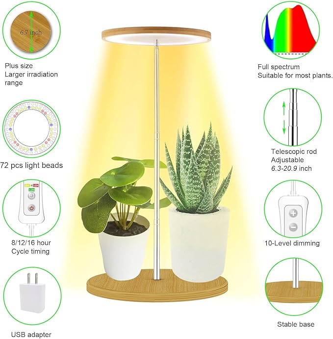 Plant Grow Light for Indoor Plant,Bamboo Mini LED Grow Light Garden,Height Adjustable,Automatic Timer with 8/12/16 Hours