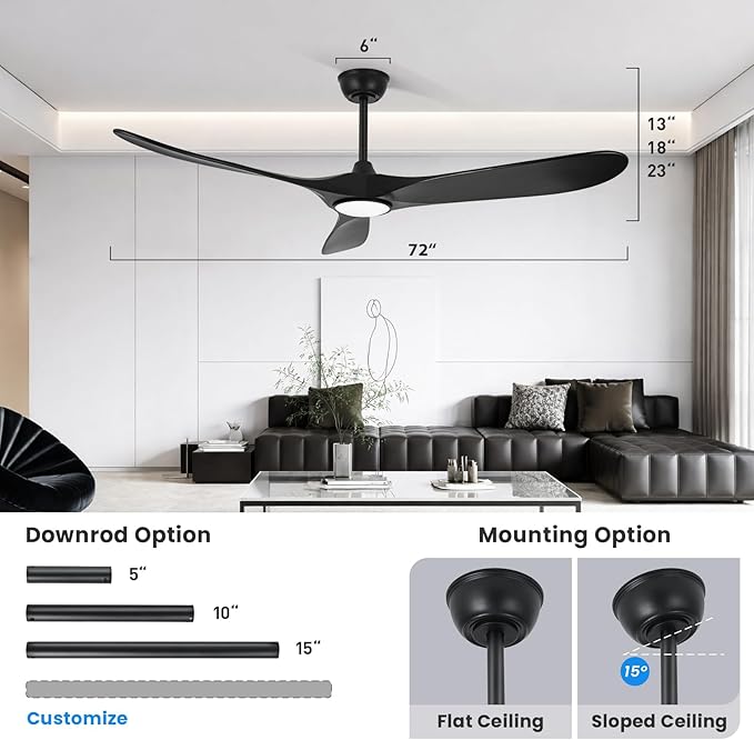 heimo 72 Inch Black Ceiling Fan with Light and Remote, Wood Outdoor Ceiling Fans with Lights Dimmable for Bedroom Living Room Patios Proch Office Rustic Extra Large High Cfm Exterior Fan