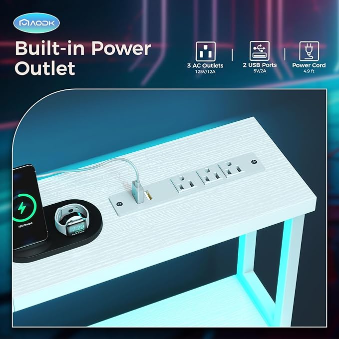 AODK Computer Desk, 48 Inch Gaming Desk with Led Lights & Power Outlet, Office Desk with Storage Shelves, Reversible Desk with Monitor Shelf & Headphone Hook, White
