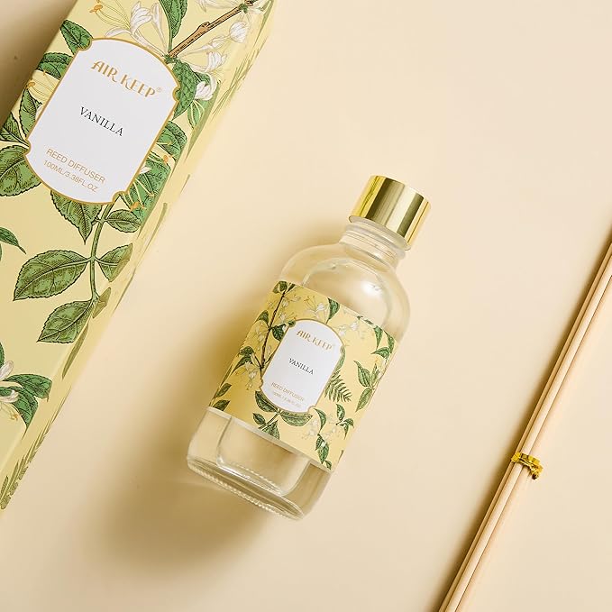 Airkeep Reed Diffuser Oil Set with Reed Sticks,Vanilla Aromatherapy Oil Scent Diffuser for Home Office Bathroom Decoration Perfume and Gifts 3.38 oz/100ml